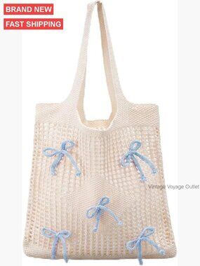 Crochet Tote Bag with Bows Boho Mesh Handbag Summer Beach Bag
